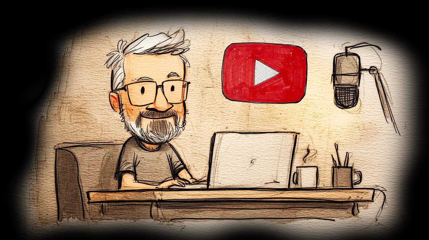 Darren at his desk with a microphone and a YouTube play button